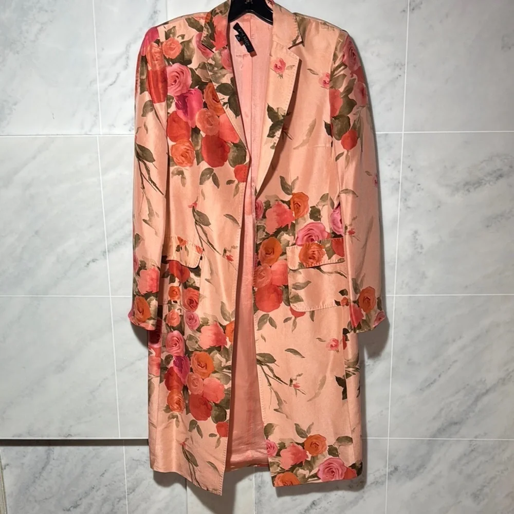 Anne Klein Statement Floral Pink 100% Silk  Long Blazer size 8